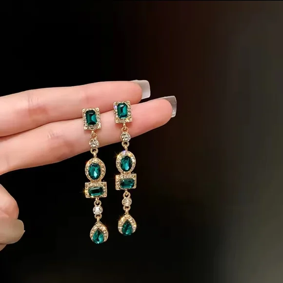 Gold-Tone Emerald Green Drop Earrings - Picture 4 of 4